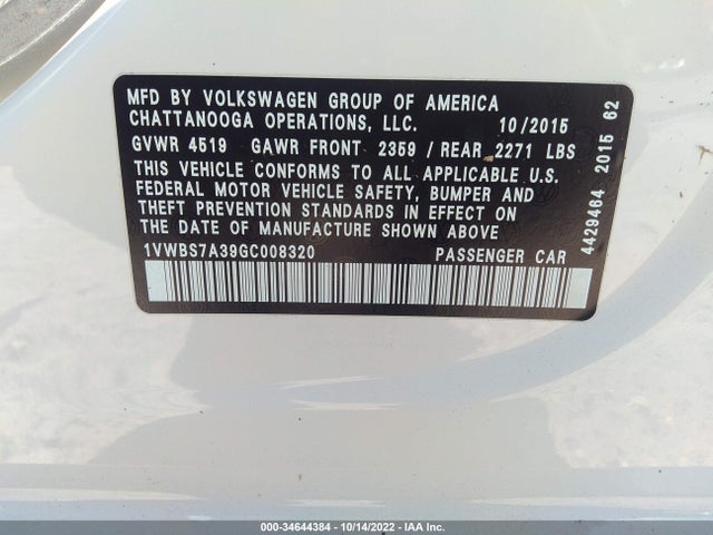 2016 Volkswagen Passat, VIN: 1VWBS7A39GC008320