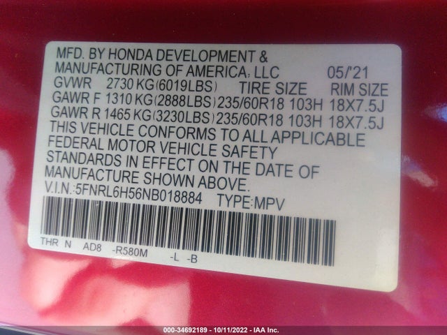 2022 Honda Odyssey, VIN: 5FNRL6H56NB018884