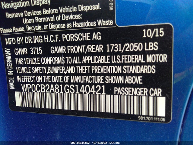 2016 Porsche Boxster, VIN: WP0CB2A81GS140421
