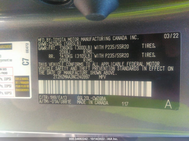 2022 Lexus RX, VIN: 2T2HZMAA3NC240997