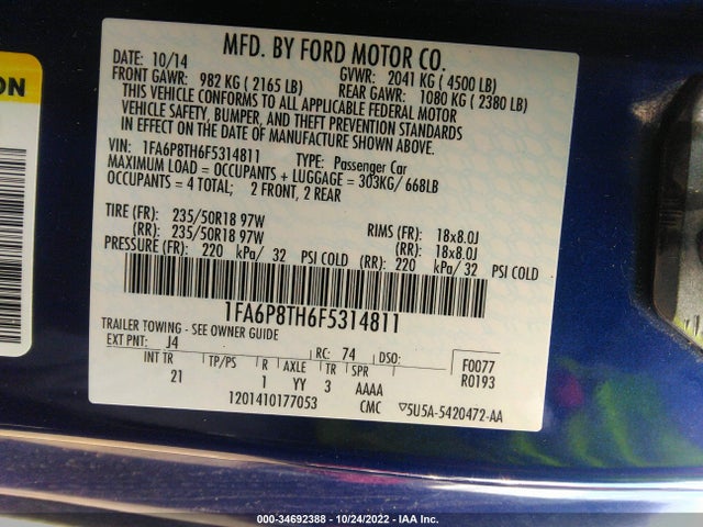 2015 Ford Mustang, VIN: 1FA6P8TH6F5314811