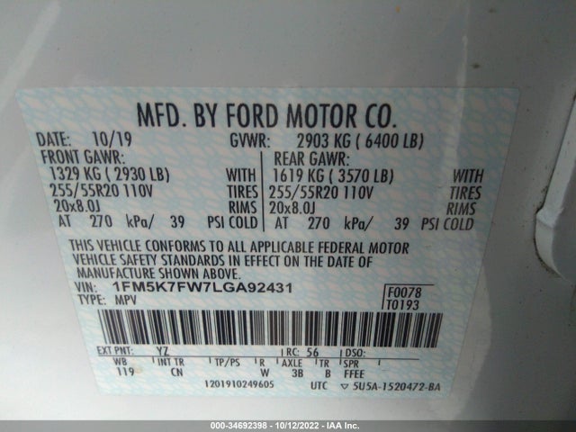 2020 Ford Explorer, VIN: 1FM5K7FW7LGA92431