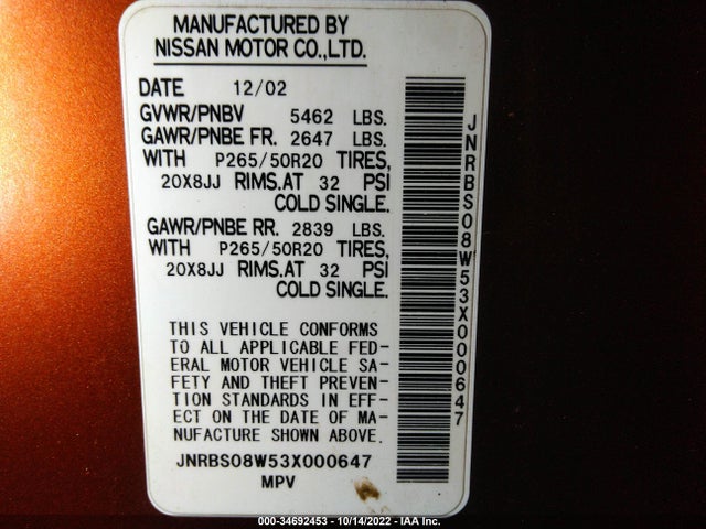 2003 INFINITI FX45 W/O OPTIONS VIN: JNRBS08W53X000647