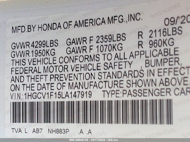 2020 Honda Accord, VIN: 1HGCV1F15LA147919