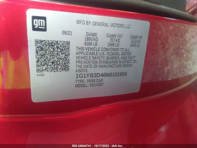 2022 Chevrolet Corvette, VIN: 1G1YB3D46N5101655