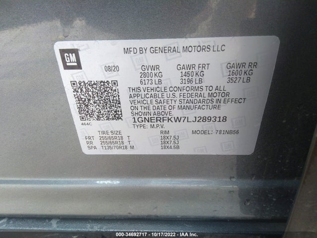 2020 Chevrolet Traverse, VIN: 1GNERFKW7LJ289318