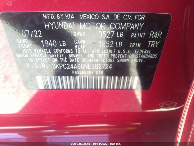 2022 Hyundai Accent, VIN: 3KPC24A66NE182724