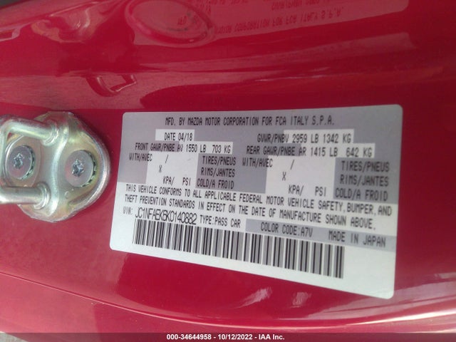 2019 Fiat 124 Spider, VIN: JC1NFAEK6K0140882