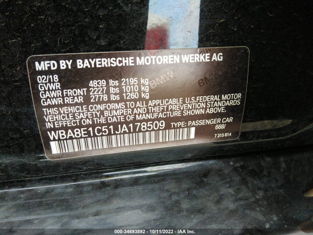 2018 BMW 3 Series, VIN: WBA8E1C51JA178509