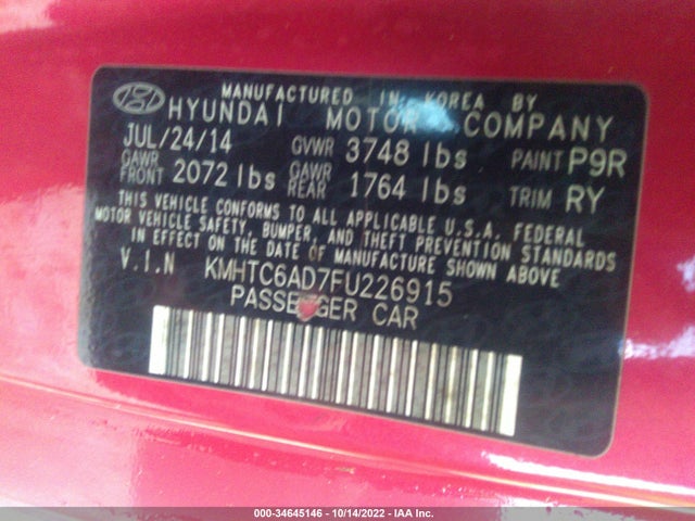 Hyundai VELOSTER 2015 KMHTC6AD7FU226915 Image 10