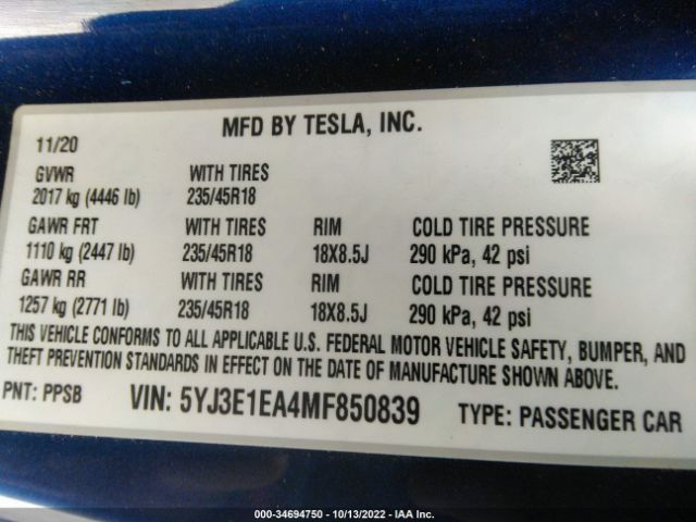 5YJ3E1EA4MF850839 Tesla Model 3 Standard Range Plus