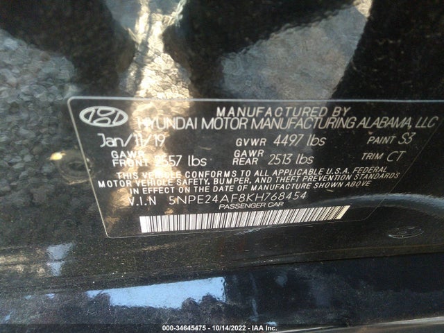 2019 HYUNDAI SONATA SE VIN: 5NPE24AF8KH768454