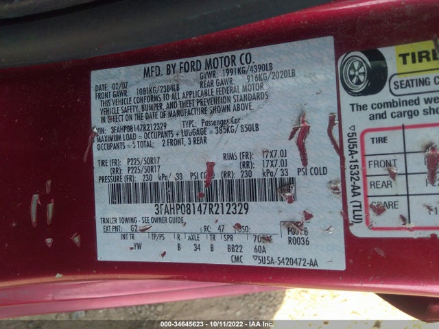 2007 FORD FUSION SEL VIN: 3FAHP08147R212329