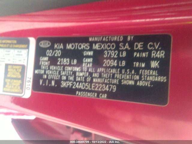 2020 KIA FORTE LXS VIN: 3KPF24AD5LE223479