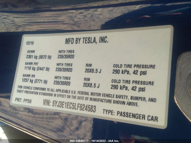 Tesla MODEL 3 2020 5YJ3E1EC5LF624583 Image 9