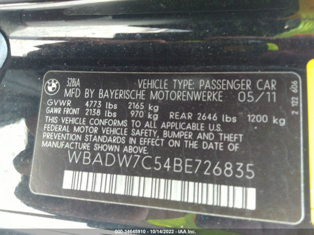 2011 BMW 3 SERIES 328I VIN: WBADW7C54BE726835