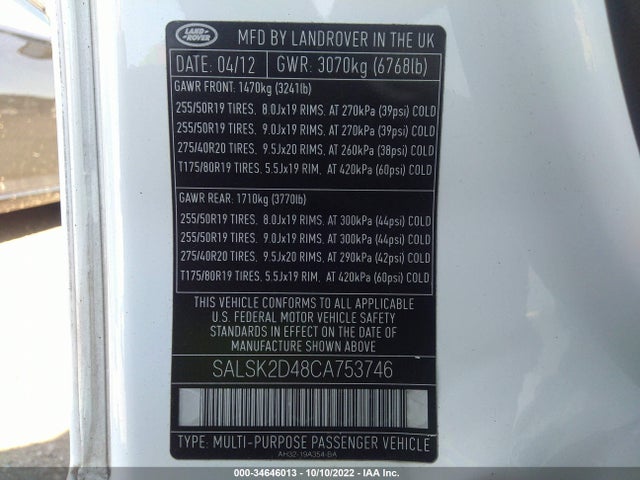 Land Rover RANGE ROVER SPORT 2012 SALSK2D48CA753746 Image 10