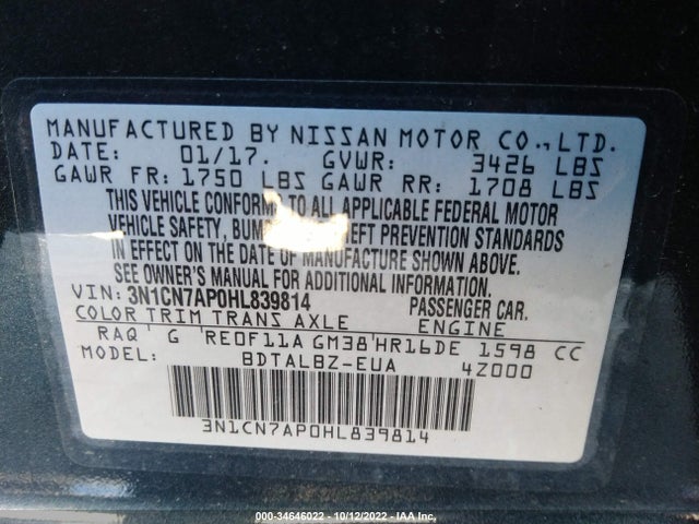 Nissan Versa Sedan Sv 2017 3N1CN7AP0HL839814 Image 11