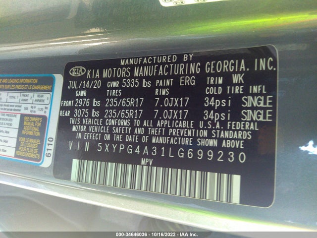 2020 Kia Sorento, VIN: 5XYPG4A31LG699230