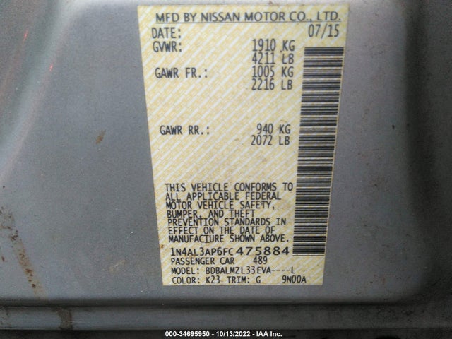 2015 NISSAN ALTIMA 2.5 SV VIN: 1N4AL3AP6FC475884