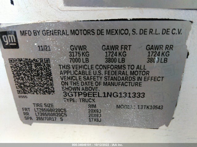 2022 GMC SIERRA LIMITED K1500 AT4 VIN: 3GTP9EEL1NG131333
