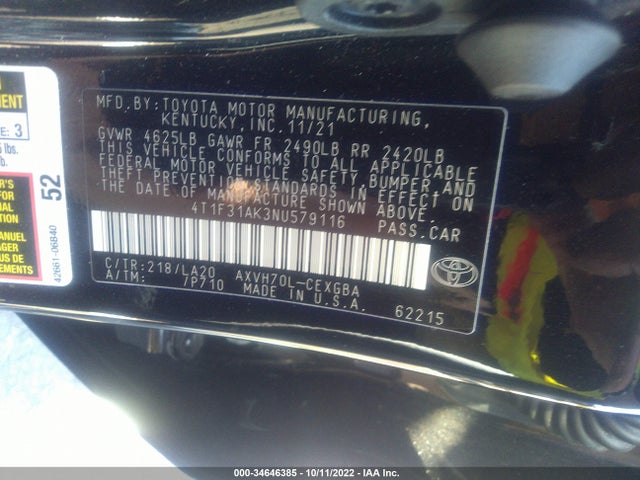 2022 Toyota Camry, VIN: 4T1F31AK3NU579116