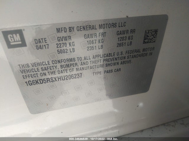 2017 Cadillac CT6, VIN: 1G6KD5RSXHU206237