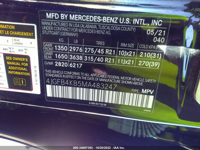 2021 Mercedes-Benz GLE-Class, VIN: 4JGFB4KB5MA483247