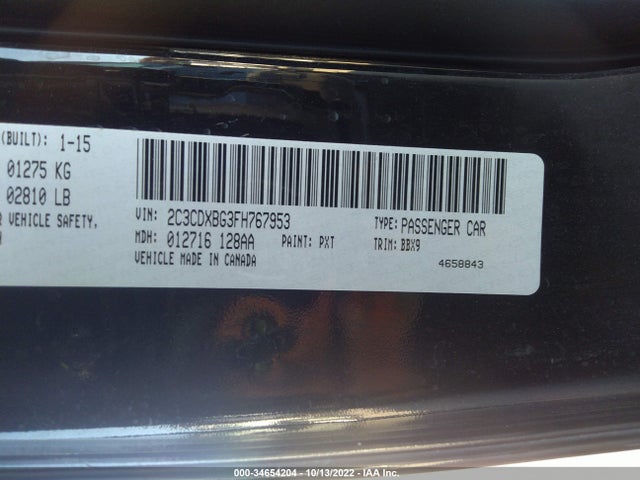 2015 DODGE CHARGER SE VIN: 2C3CDXBG3FH767953