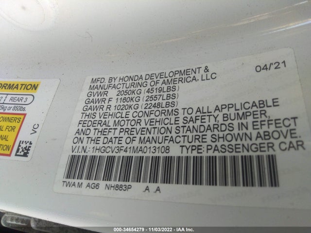 2021 Honda Accord, VIN: 1HGCV3F41MA013108