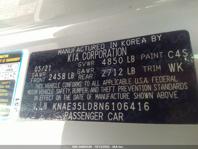 2022 KIA STINGER GT LINE VIN: KNAE35LD8N6106416