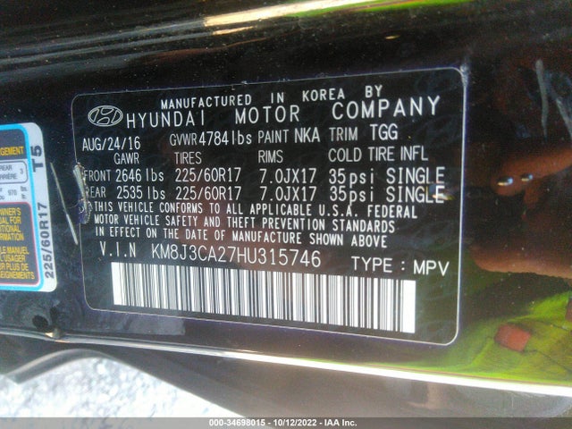 2017 Hyundai Tucson, VIN: KM8J3CA27HU315746