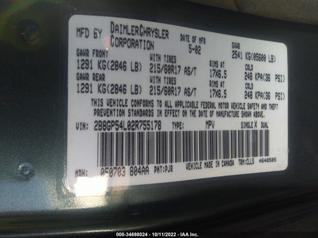 Dodge Grand Caravan Es 2002 2B8GP54L02R755178 Image 10