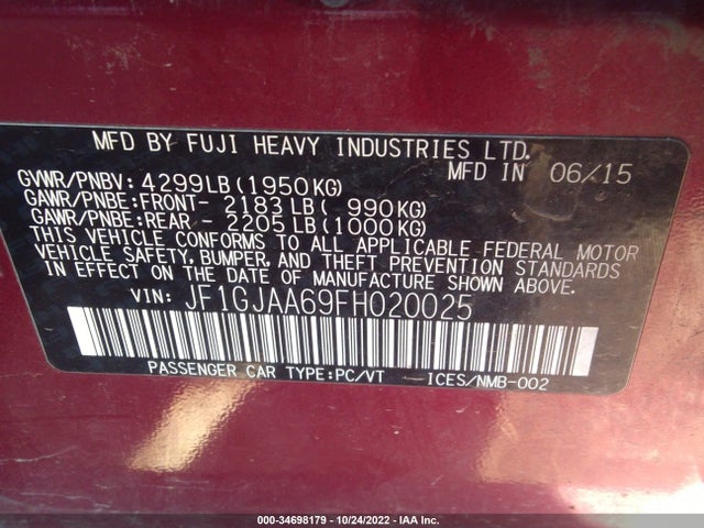 Subaru IMPREZA SEDAN 2015 JF1GJAA69FH020025 Image 9