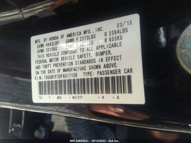 2015 ACURA TLX VIN: 19UUB1F35FA017156