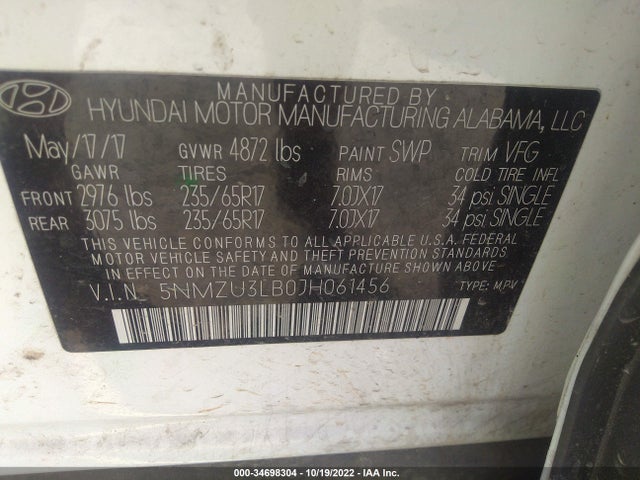 2018 Hyundai Santa Fe, VIN: 5NMZU3LB0JH061456