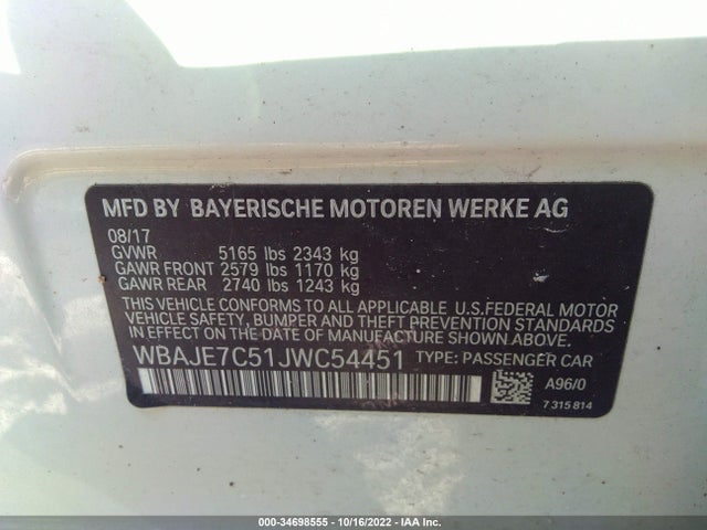 2018 BMW 5 Series, VIN: WBAJE7C51JWC54451