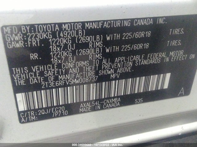 2021 Toyota RAV4, VIN: 2T3E6RFV5MW008737