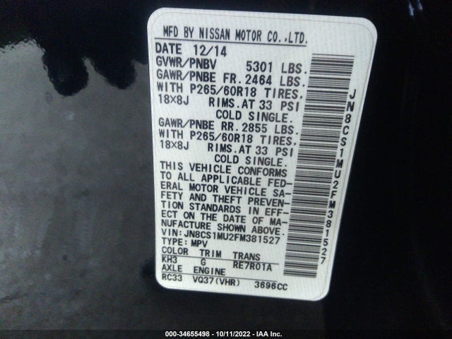2015 Infiniti QX70, VIN: JN8CS1MU2FM381527