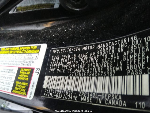 2010 TOYOTA COROLLA VIN: 2T1BU4EE8AC475167
