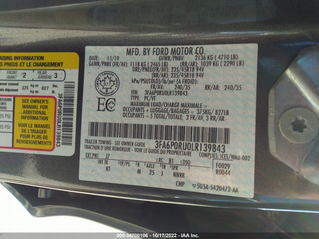 2020 Ford Fusion, VIN: 3FA6P0RU0LR139843
