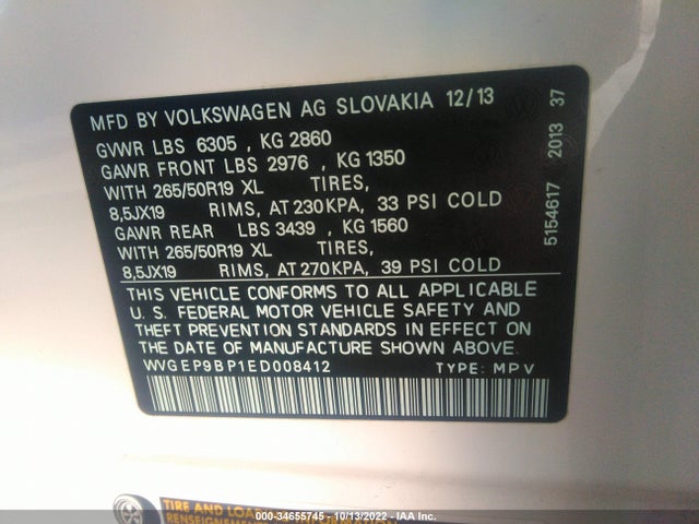 2014 Volkswagen Touareg, VIN: WVGEP9BP1ED008412