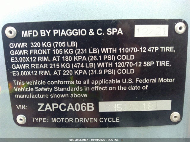 2022 VESPA PRIMAVERA/ VIN: ZAPCA06B6N5104181