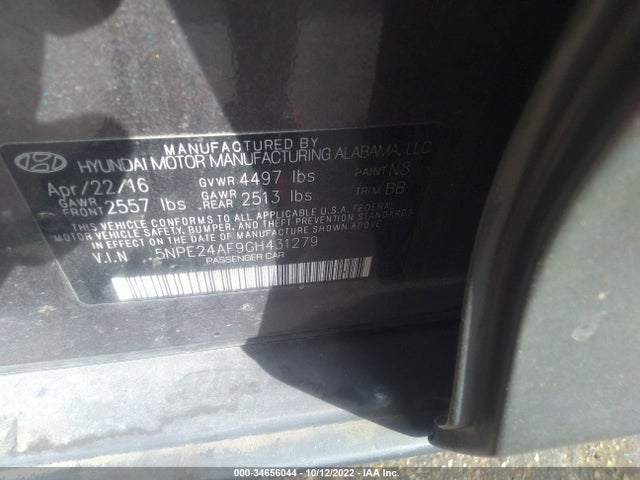 2016 HYUNDAI SONATA 2.4L SE VIN: 5NPE24AF9GH431279
