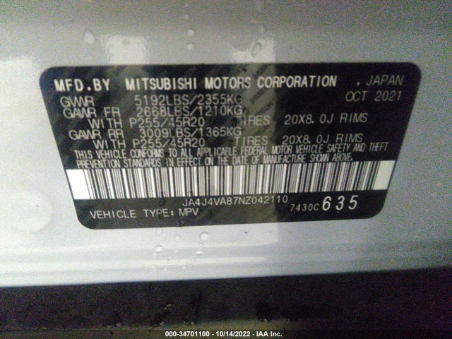 2022 Mitsubishi Outlander, VIN: JA4J4VA87NZ042110