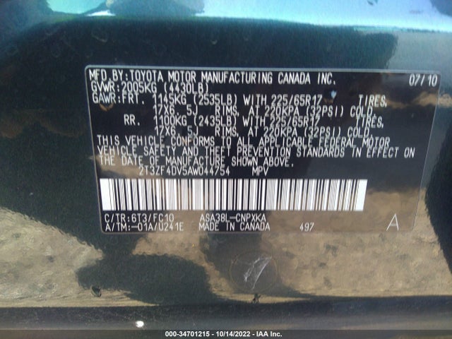 2010 TOYOTA RAV4 VIN: 2T3ZF4DV5AW044754