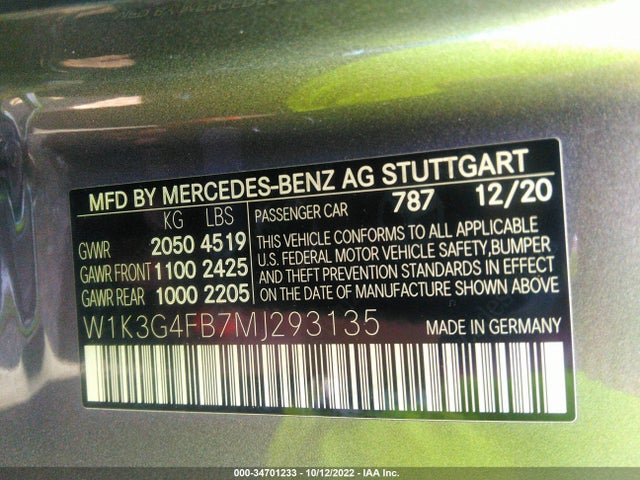2021 Mercedes-Benz A-Class, VIN: W1K3G4FB7MJ293135