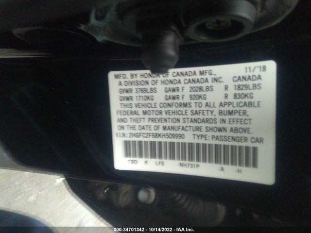 Honda Civic Sedan Lx 2019 2HGFC2F68KH509990 Image 10