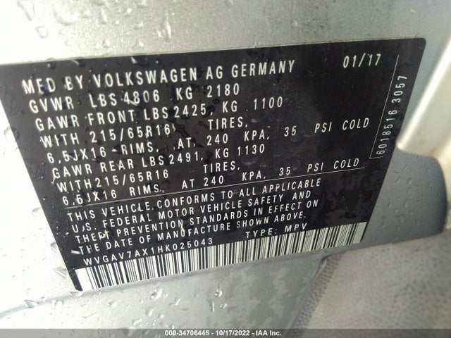 2017 Volkswagen Tiguan, VIN: WVGAV7AX1HK025043