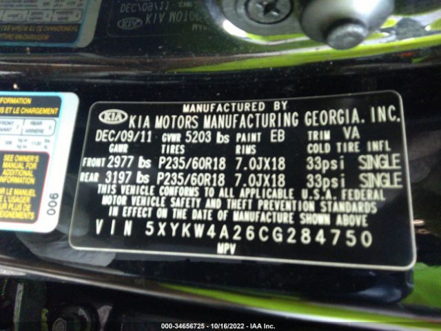 5XYKW4A26CG284750 KIA SORENTO SX